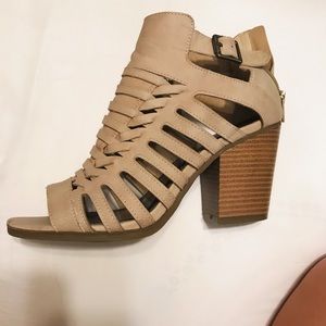 Tan open toe booties